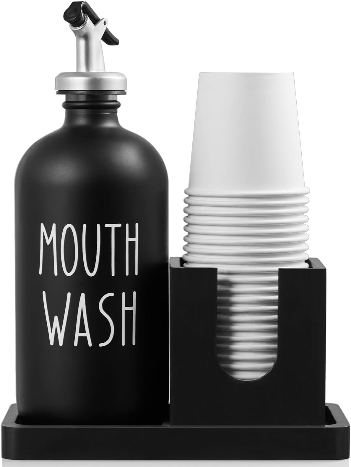 Glass Mouthwash Dispenser for Bathroom, 16 OZ Mouthwash Dispenser with Pour Spout and Wood Cup Holder and Tray, Mouth Wash Bottle Container, Black Kitchen Bathroom Decor and Accessories