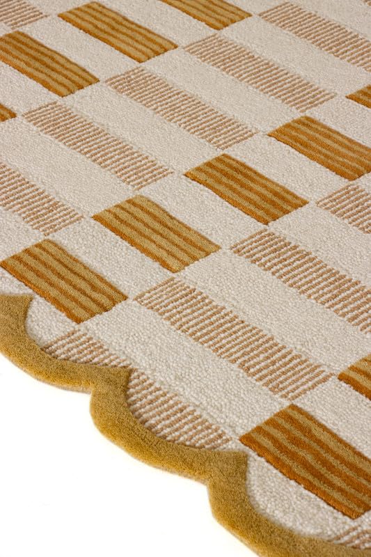 Image of Hand-Tufted Wool Area Rug with Scalloped Edges, Neutral Beige Plaid Pattern, Cozy Soft Accent Rug for Living Room, Bedroom, and Nursery, Handmade Decorative Carpet, 8x10 Ft