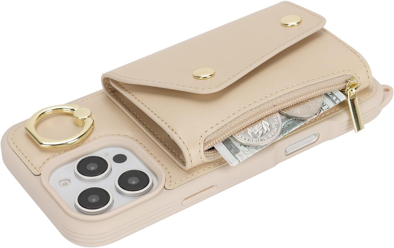 Lipvina for iPhone 16 Pro Case with Card Holder and Strap - Zipper Pocket,Crossbody Lanyard Strap,Credit Card Holder,Stand Ring,Cute Phone Wallet Case for Women(Beige,6.3 Inch)