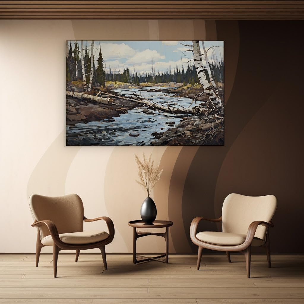 Canvas for Living Room. Tranquil Wilderness Bliss: A Serene River Journey Through Lush Forests and Sunlit Skies, 27 x 18 inch Canvas Wall Art - Ready to Hang