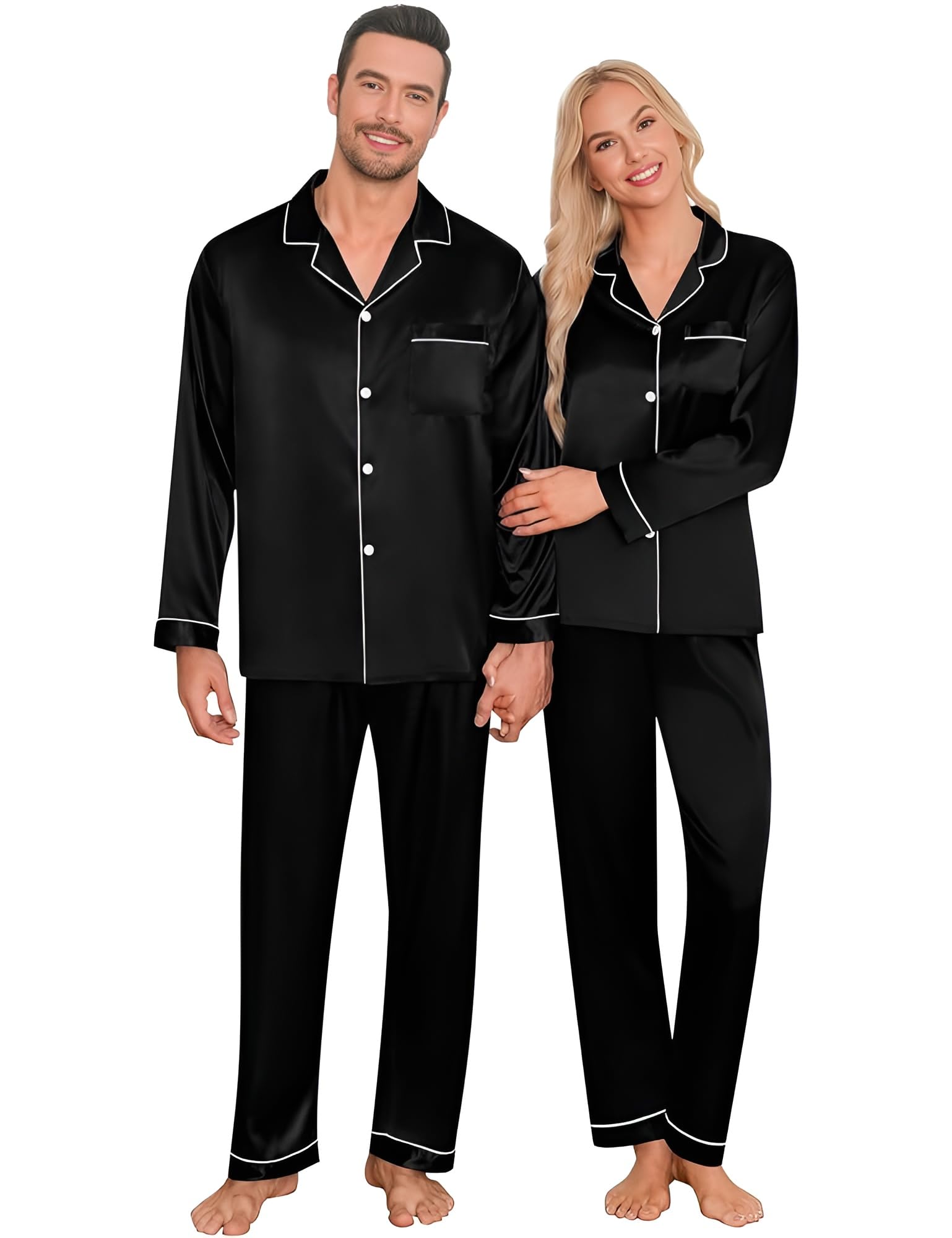 Krishna Apparels Couples Night Sut Black Satin Set for Men and Women with Elastic Pyjama | Full Sleeve Sleepwear Dress for Couples | Soft and Comfortable Night Sut-picture-31