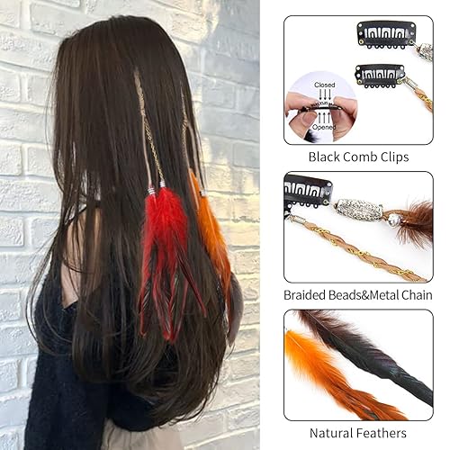Miniatura 3 de Pinzas para el pelo de plumas, extensiones hippie hechas a mano con peine de clip, tocado de cuentas trenzadas tribales - 6 unidades