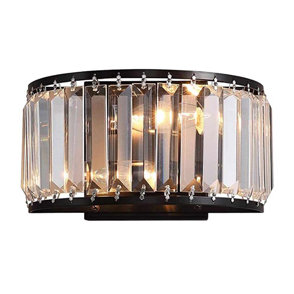 HYJAUSXB Contemporary Wall Lamps Sconce Night Light Fixture丨Modern Semicircle Clear Crystal Mount Light丨Metal Sconces for Hallway Bedside Living Room, 2 Lights Sockets, L9.5 X H5.5 (Black)