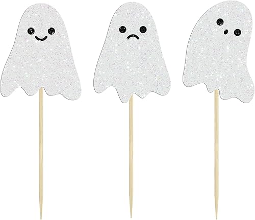 Miniatura 3 de 24 adornos de fantasmas para cupcakes con purpurina blanca para Halloween, baby shower, Halloween, decoración de pastel fantasma para decoración de