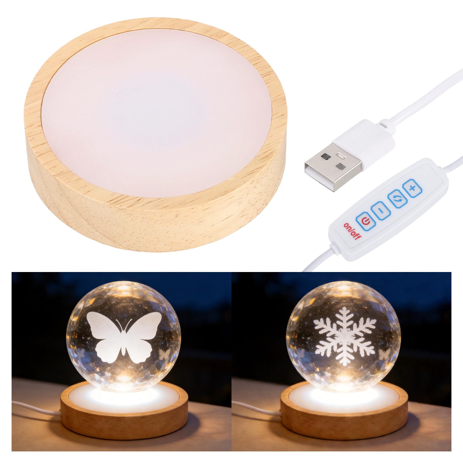PATIKIL 2 Pcs Wood LED Light Base 6 cm LED Light Stand Lighted Round Crystal Display Base for 3D Glass Art/Acrylic Art Resin Crafts Light Display Stand Room Home Decor, 3 Color