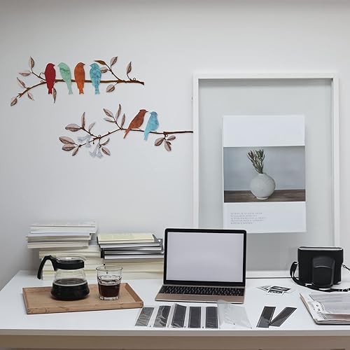 Miniatura 4 de HomeSoGood 2 piezas de arte de pared de pájaros de metal, decoración de pared de pájaros en rama, hojas colgantes con escultura de pájaros, pájaros