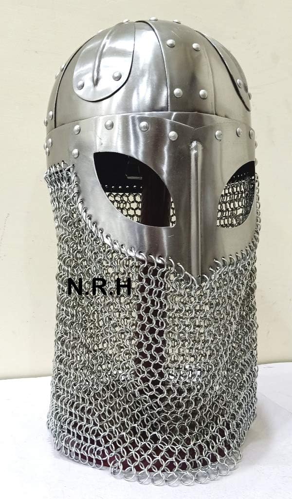 Viking Helmet Battle Armor 18G Steel and Chain Mail Armor Halloween Helmet with Wooden Stand