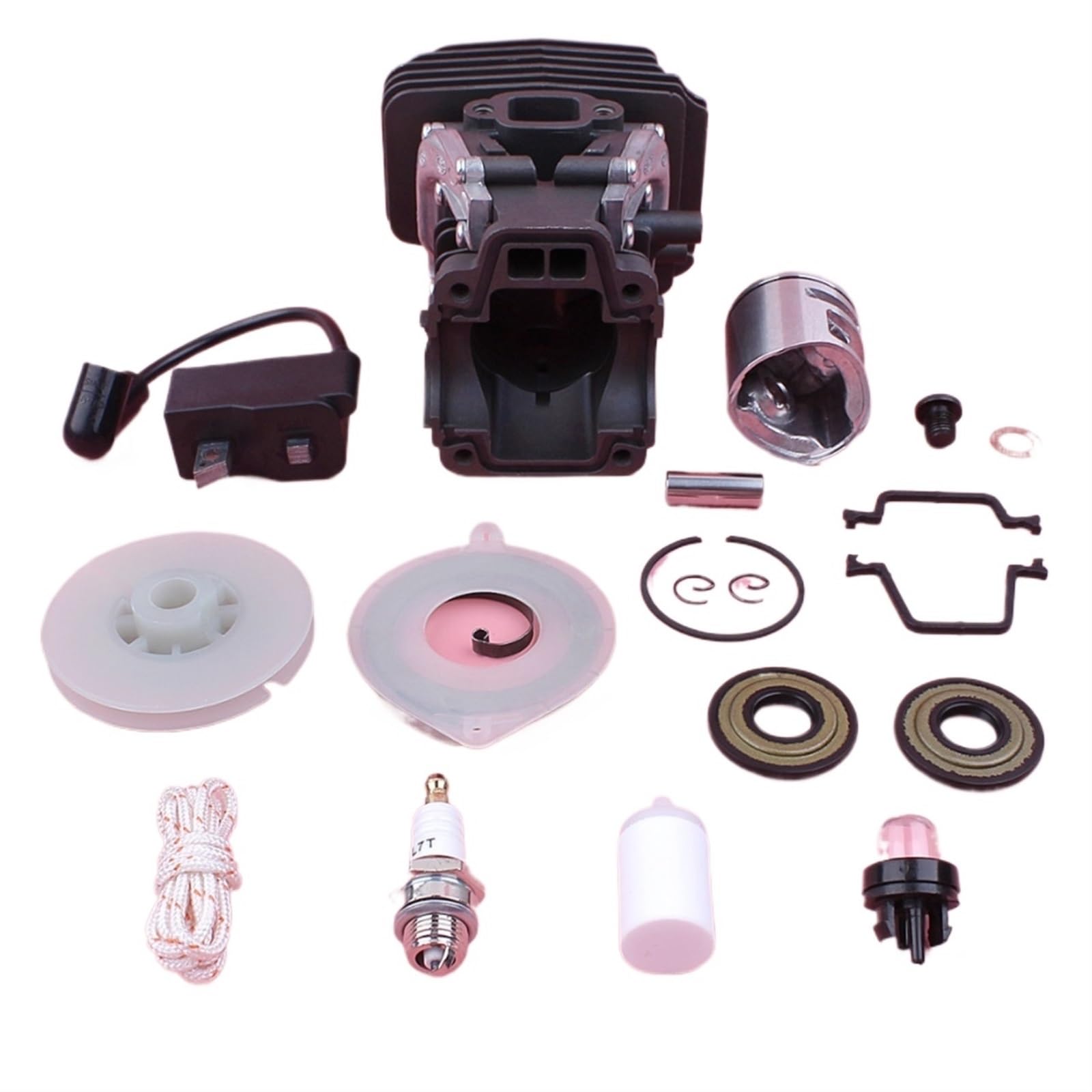Kit de pistón de bobina de encendido de cilindro, for pieza de motosierra Husqvarna 445 445E, polea de arranque de retroceso, sello de aceite de resorte, bombilla de cebado de 42mm Kits de pist