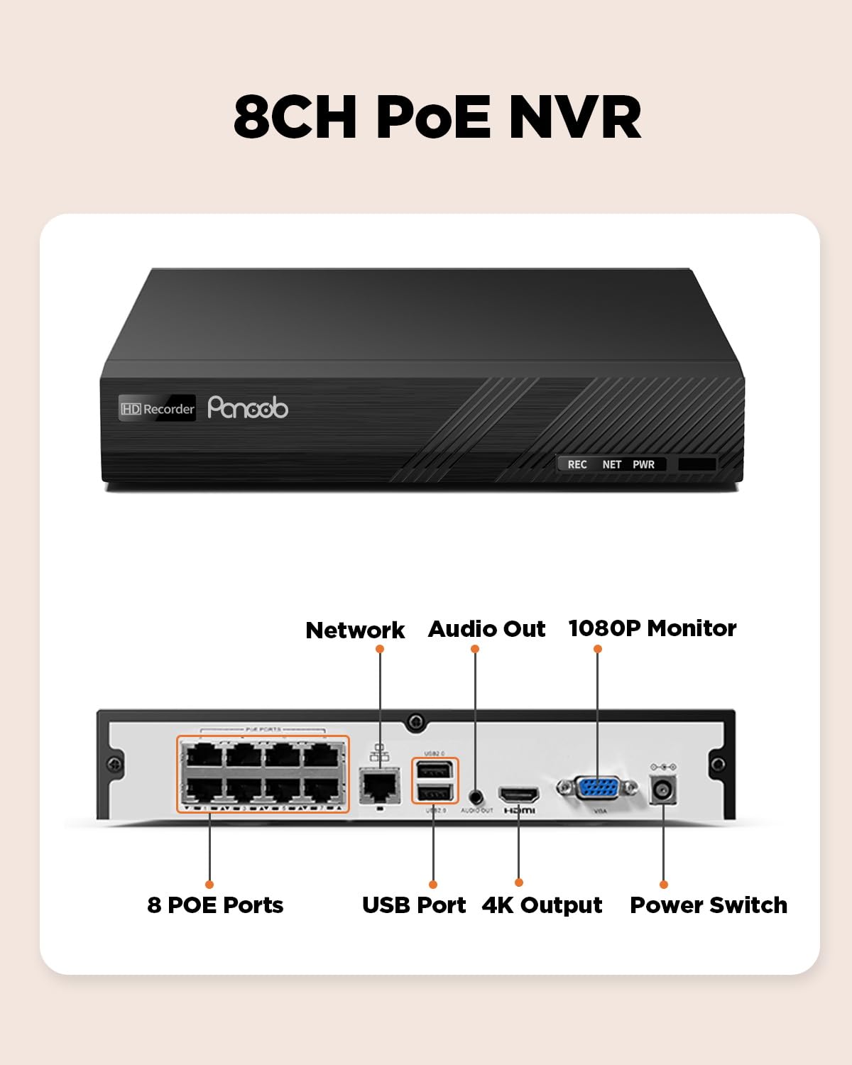 8CH H.265 Netzwerk-Videorecorder, 4K 8 PoE-Ports NVR, Fernzugriff, Bewegungsalarm, 24/7-Aufnahme, intelligente Wiedergabe, unterstützt 4K/8MP/5MP/4MP/3MP PoE-Kameras, EIN SATA-Ports bis zu 8 TB