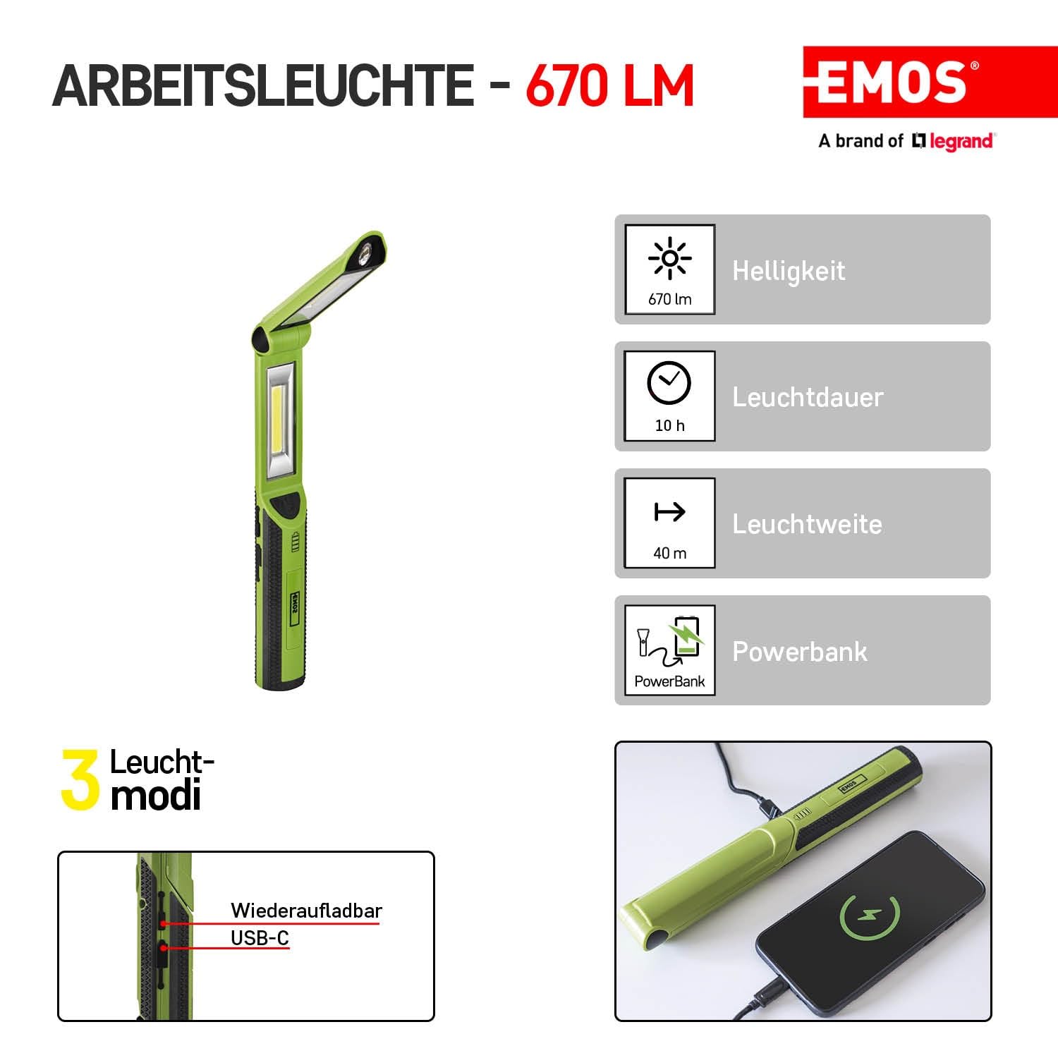 EMOS - aufladbare LED-Arbeitsleuchte ausklappbar mit Powerbank - 670lm, max. 40 m - 3 Leuchtmodi - 10 Stunden - USB-Kabel - für Hobbybastler und Außenbereich - grün-schwarz