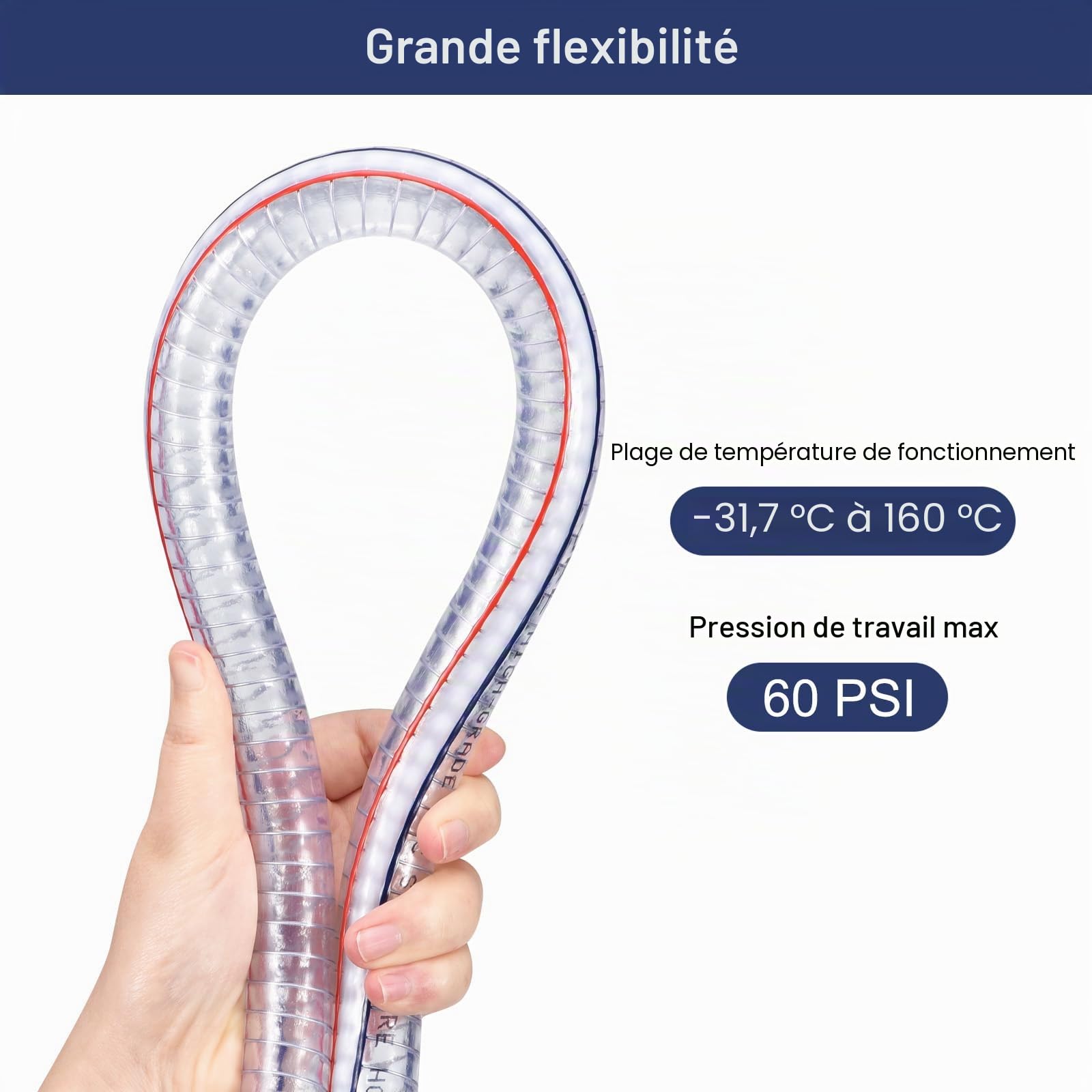 QUARKZMAN Tube en PVC Renforcé Par Un Fil D'Acier Flexible de 3/4" de Diamètre Intérieur et de 5 Pieds de Long, Résistant aux Produits Chimiques et à L'Aspiration.