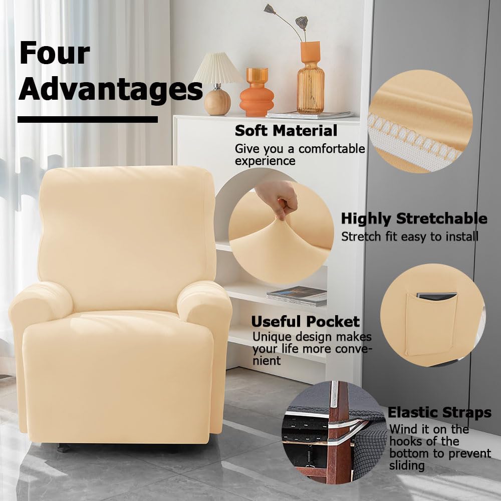 Funda suave y elástica para sillón reclinable, antideslizante, con bolsillos laterales, color crema, funda para muebles de 2 plazas, fácil de limpiar e instalar.