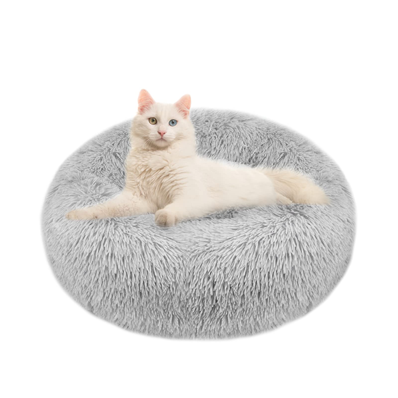 OKPOW Donut Cat Bed Small - 50cm Calming Anti Anxiety Kitten Beds Washable Soft Warm Plush Fleece Fluffy Soothing Pet Cushion Round Orthopedic Relief Improved Sleeping Cat Bed for Indoor Cats