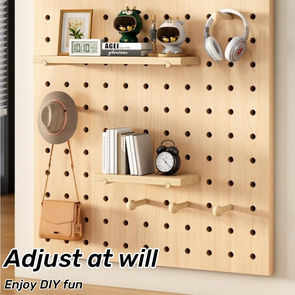 長方形ペグボード、無垢材ペグボード、壁収納ボード、シンプルなディスプレイラック、ベッドルーム、リビングルーム、玄関、書斎に最適(ベー