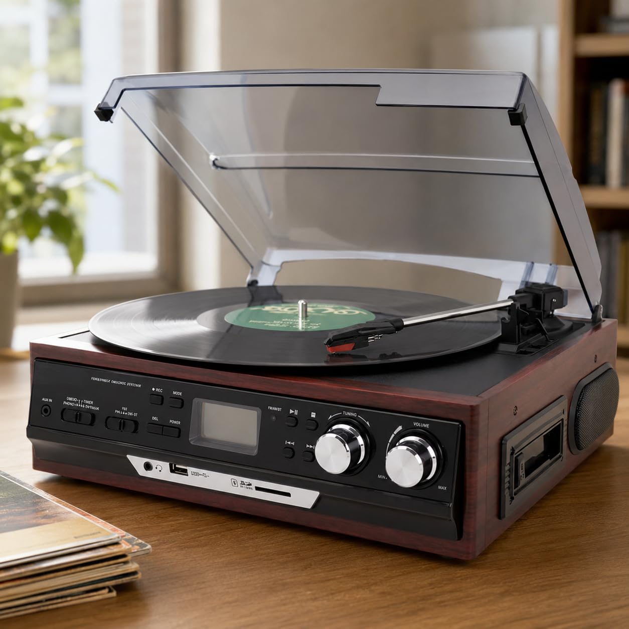 Odtwarzacz płyt vintage z radiem AM/FM, płytą CD, kasetą i głośnikami | Gramofon z trzema prędkościami z odtwarzaniem USB i nagrywaniem MP3 z winylu, płyt CD i radia FM.