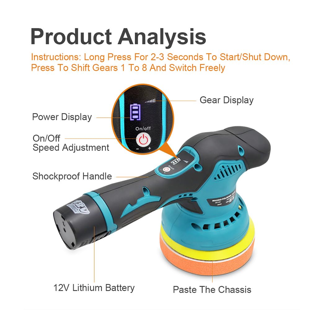 Máquina pulidora de batería, 8 velocidades (2800 – 5500 RPM) con 2 baterías, juego de pulidoras de coche de 125 mm, ideal para pulir la pintura del coche, eliminar arañazos, muebles y crecimiento de