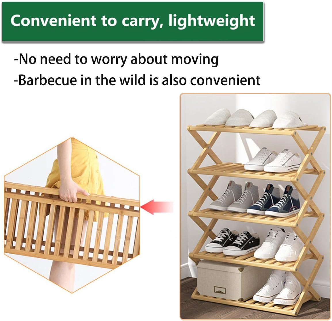 5 Tier Bamboo Shoe Rack,Portable Folding Shoe Storage Rack,Without Installation Small Shoe Rack Perfect for Corridors, Bedrooms and Small Spaces (5 Tier)
