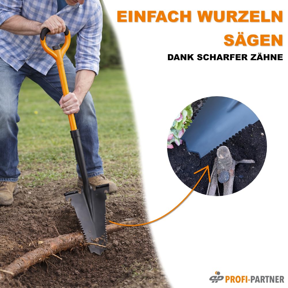 Spaten mit Wurzelsäge - Spitze aus Karbonstahl mit scharfen Zähnen, Griff aus Fieberglas, Integrierter Maulschlüssel & Flaschenöffner, 114 cm, Zerlegbar, Orange und Schwarz