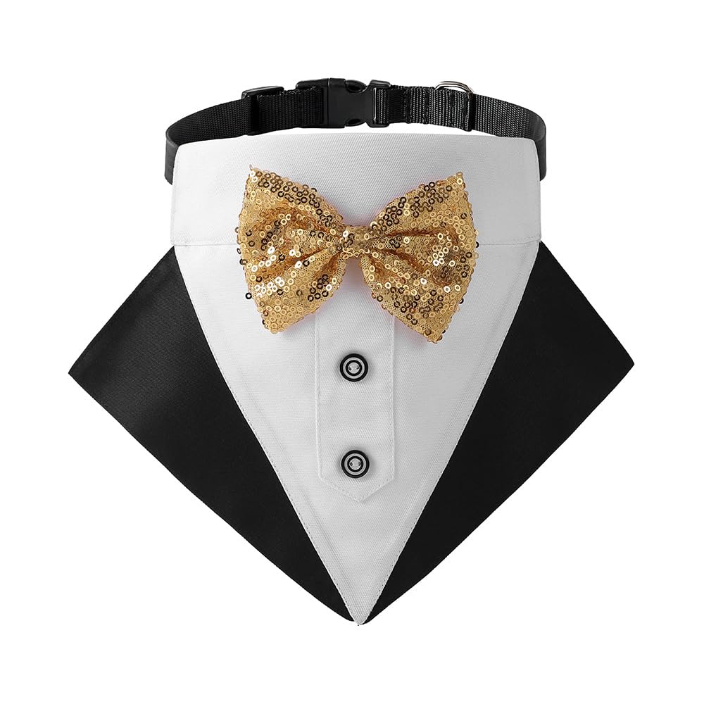 BT Bear Dog Tuxedo Bandana Collar,Pet Bowtie Collar Adjustable with Bow Neck Scarf for Cats Puppy Small Dogs Weddings Birthdays Parties- Gold,S