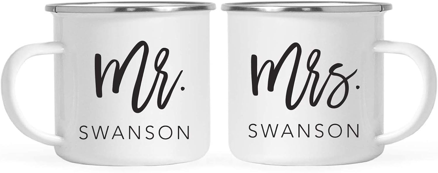 Andaz Press Stainless Steel Campfire Coffee Mugs Gift Set, Mr. Mrs., 2-Pack, Metal Enamel Campfire Camp Cup, includes gift box, Custom Names