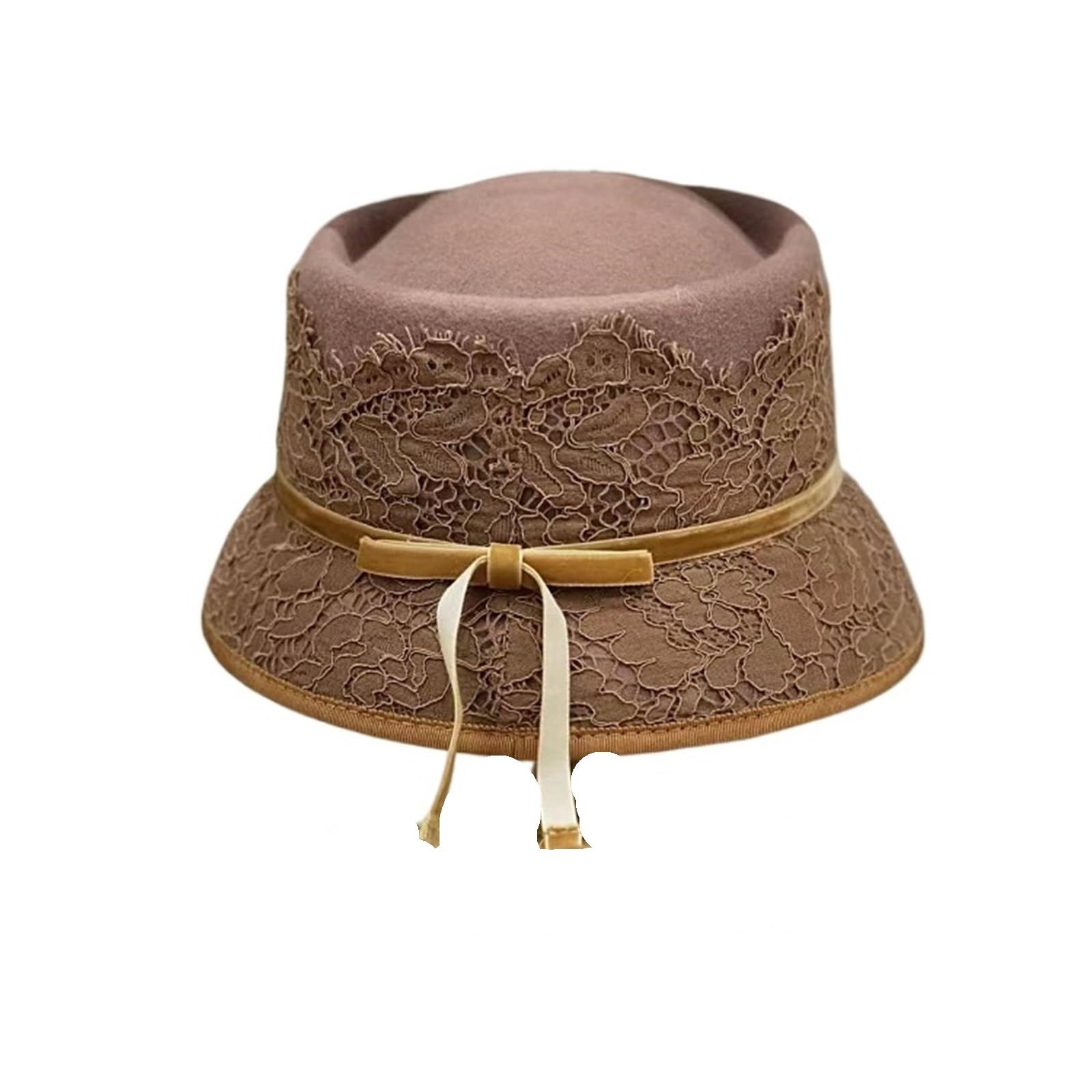 Cappello Donna Invernale Cappello a cilindro in feltro di pizzo con parte superiore concava elegante vintage Cappello da bacino a vento da donna alla moda Cappello da pescatore Cappello a cilindro all