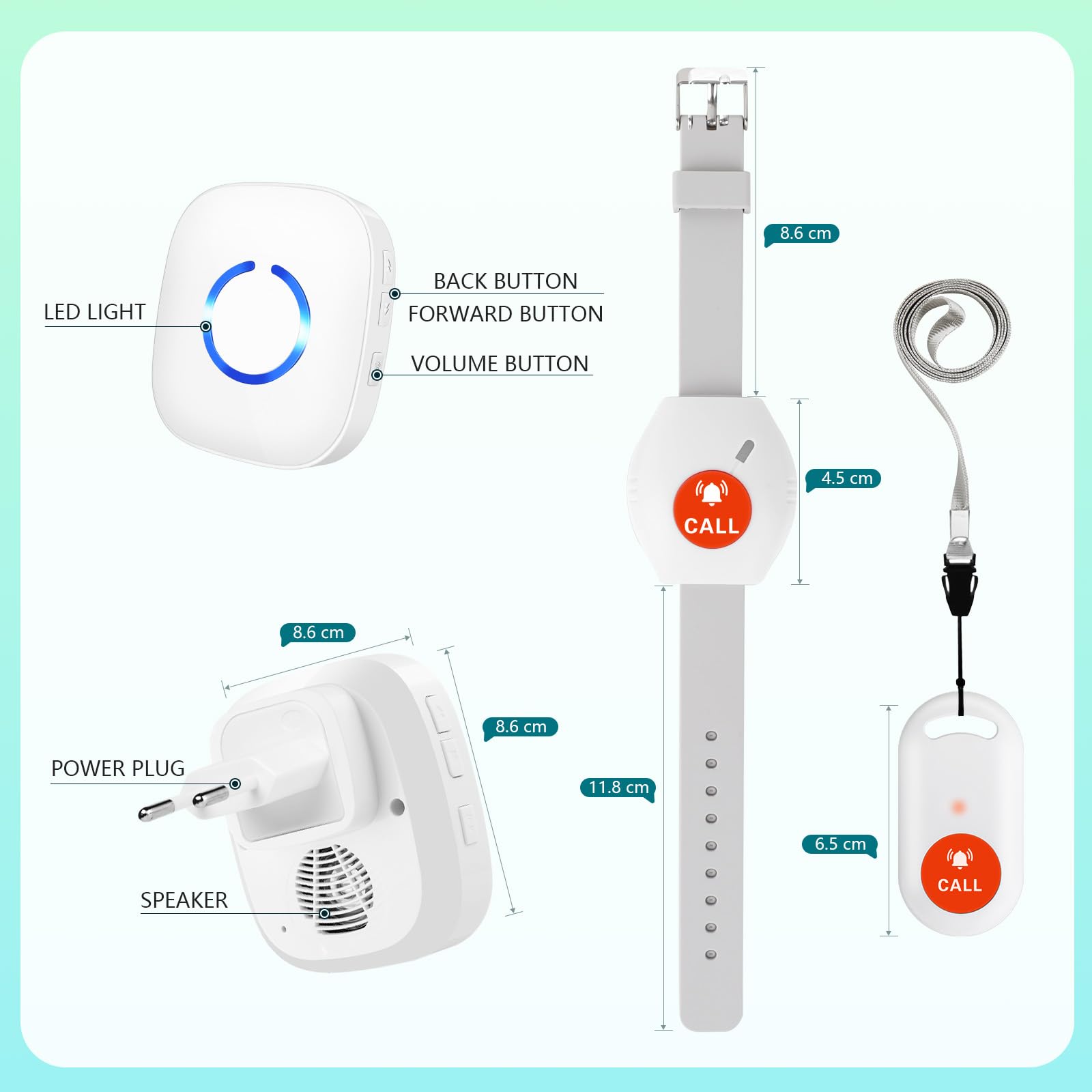 Bouton d'appel d'urgence pour Personnes âgées, Bracelet d'appel d'urgence, 5 Niveaux de Volume et 58 sonneries, Bouton d'appel d'urgence, pour Soins Infirmiers en Interne
