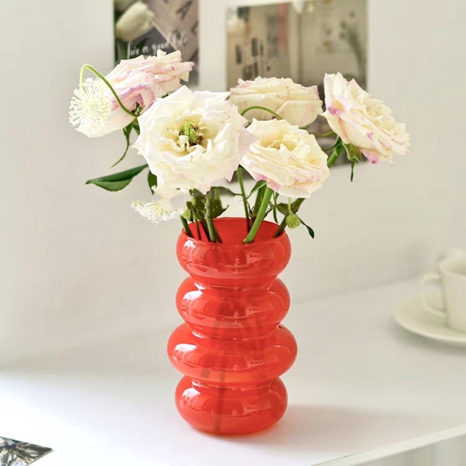 BLOFLO STU Colored Glass Hydroponic Flower Vase 7 Inch Orange Geometric with Waves and Bubbles Four Layer Glass Vase for Home Decoration Modern Freestanding Indoor Hydroponics Dried Flowers