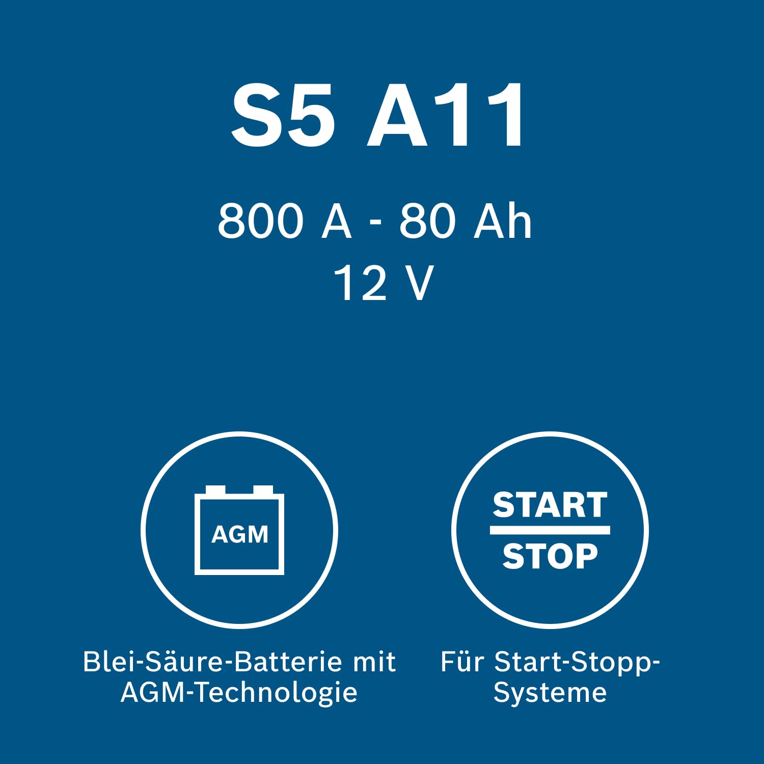 Bosch S5 A11 Autobatterie 80 Ah - 800 A - 12 V, AGM Blei-Säure-Batterie für Fahrzeuge mit Start-Stopp-Automatik und Bremsenergierückgewinnung - Polarität: links - rechts +, 315 x 175 x 190 mm