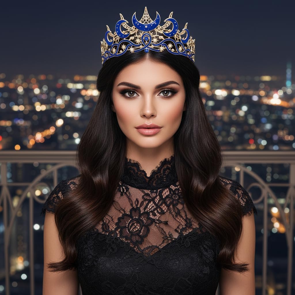 Celestial Queen Rhinestone Crown for Women, Gothic Moon and Star Tiara Headpiece, Royal Adult Cosplay & Bridal Wedding Hair Accessories
