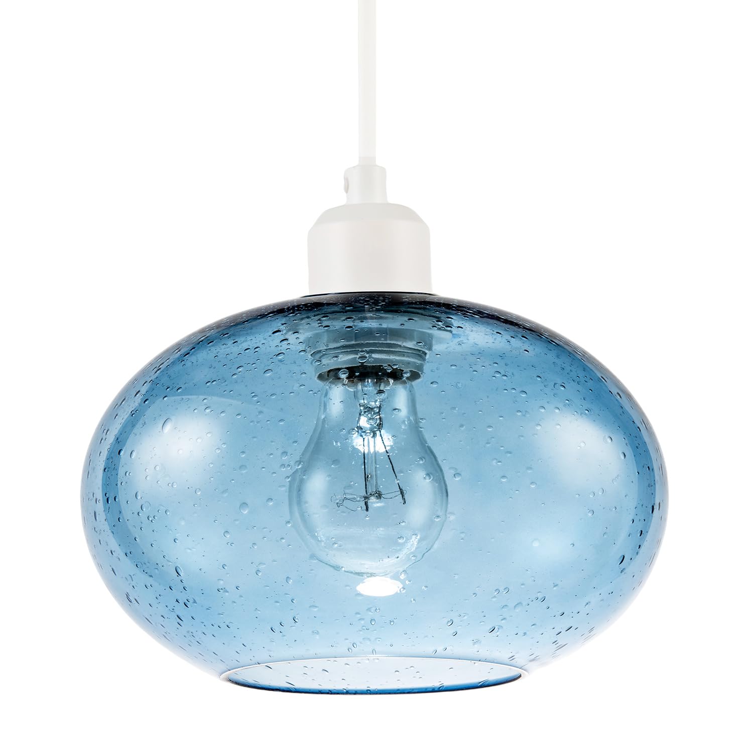 Modern Blue Blown-Glass Pendant Light Shade with Subtle Air Bubbles | 20cm x 13cm | Wide and Flattened Globe Oval Shape by Happy Homewares