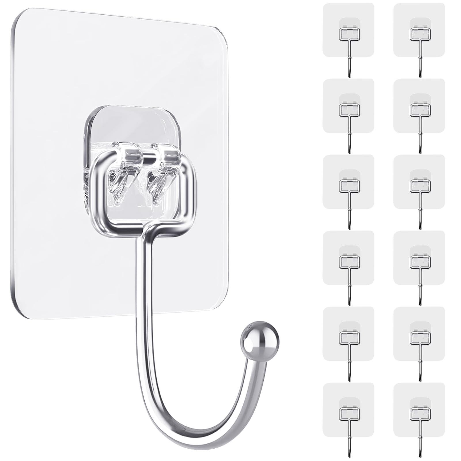 ZESLMG Large Adhesive Hooks for Hanging, 12 Pack Self Sticky Wall Hooks Heavy Duty 15lb Clear, Removable Shower Hook No Damage for Towel Key Coat Wreath Picture Outdoor Bathroom Kitchen, Waterproof