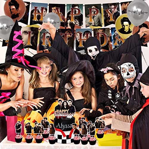 Soj Vampire Birthday Party S 44Pcs The Twilight Saga Movie Halloween Supplies Including 1Pc Happy Banner, 24Pcs Cupcake Toppers, Big Cake Tv Theme Inserted Card, 18Pcs Latex Balloons Fans #TOP4