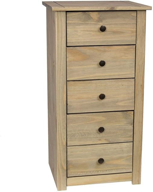 Vida Designs Panama 5 Drawer Narrow Chest In Natural Wax Oak Solid Pine Bedroom Furniture