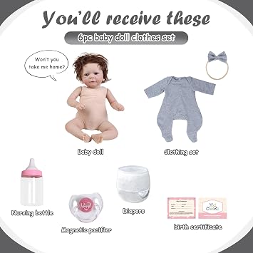 Reborn Baby Dolls with Machine-Rooted Hair - 17 Inch Real Life Baby Dolls in Grey Jumpsuit & Bow, Realistic Huggable Cloth Body with Feeding Set for Kids 3+