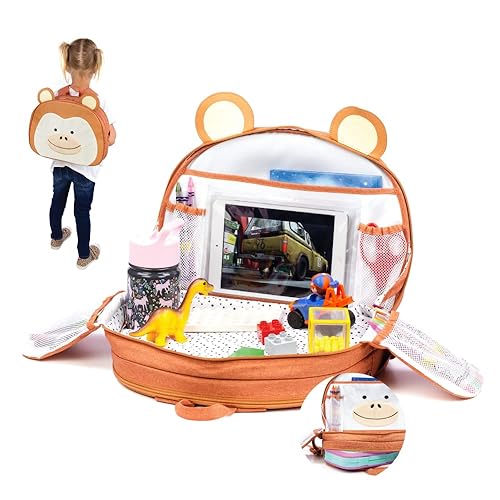 Lulyboo Bandeja de actividades de viaje para automóvilavión para niños pequeños y mochila con superficie de escritura firme, portavasos integrado y