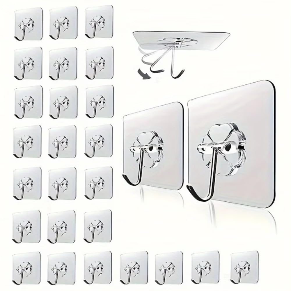 LANQEAOR 30 Pack Clear Adhesive Hooks, 180° Rotating Transparent Wall and Ceiling Hooks, Heavy Duty Sticky Hangers for Bathroom, Under Kitchen Cabinet and Renter Friendly Home Storage