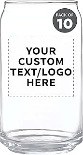 Custom Beer Can Glasses Set of 10, 16 oz. Pint Sized, Promotional Text, Logo, Soda Can Shape, Glassware, Clear