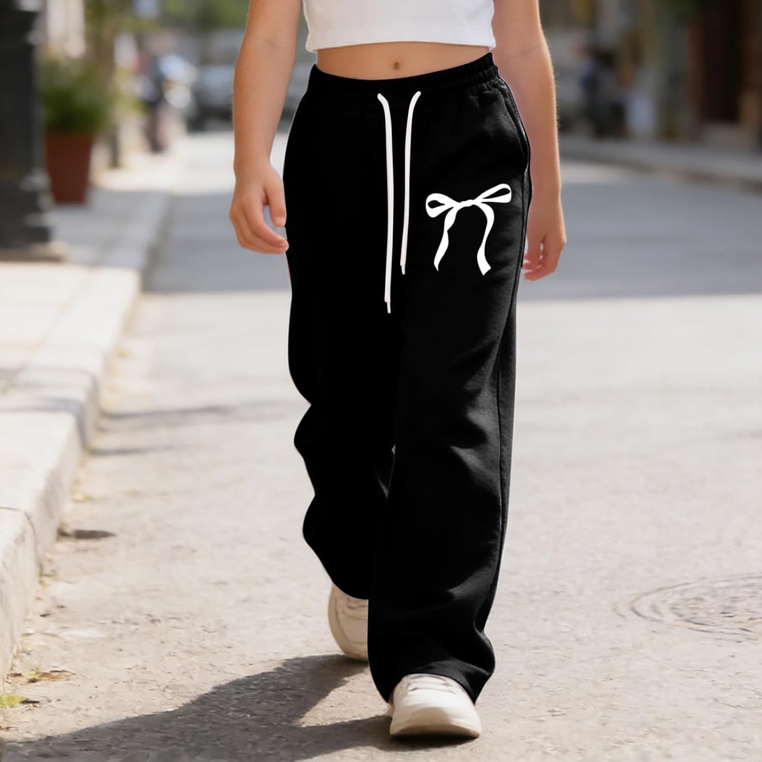 4-14 Years Girls Baggy Sweatpants Wide Leg Drawstring Elastic Waist Bow Sweatpants Summer Cute Clothes for Teen Girls