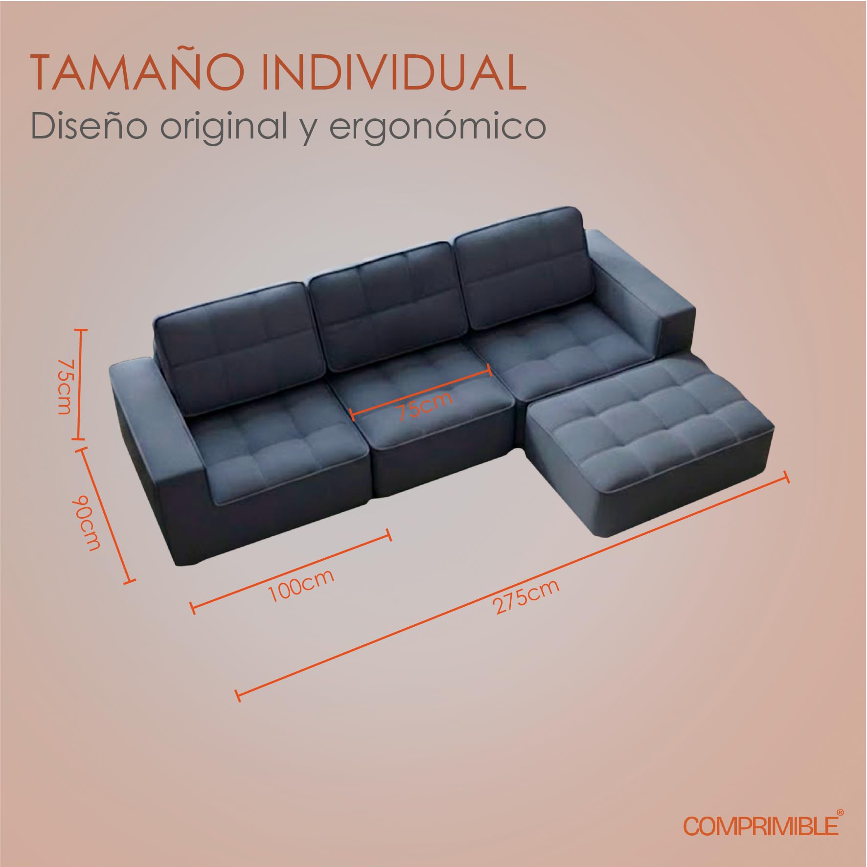COMPRIMIBLE Icónico | Sofa Modular de 3 plazas con reposapies. Fabricado en Tela de Lana Resistente al Desgaste e Interior con Espuma polimérica de Alta Densidad. 275x90x75 (Blanco) | Polímero interior