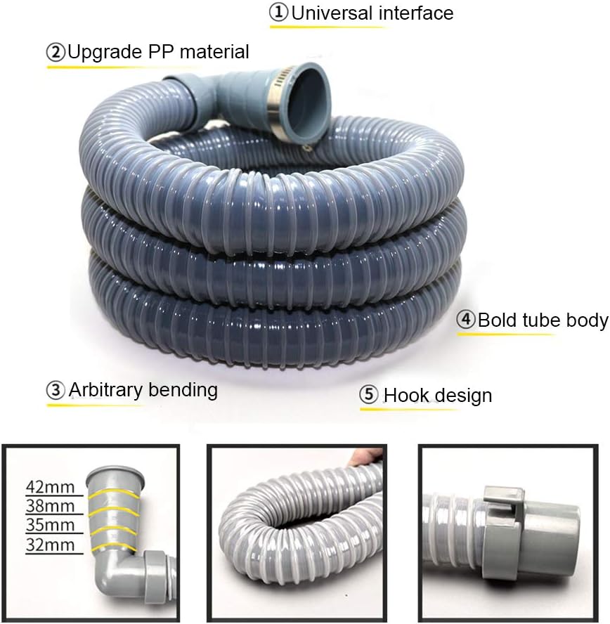 6ft Washing Machine Drain Hose, Right Angle with 90 degree Elbow Universal Corrugated Washer Hose with Clamp Fits Most Washer Drain Outlets
