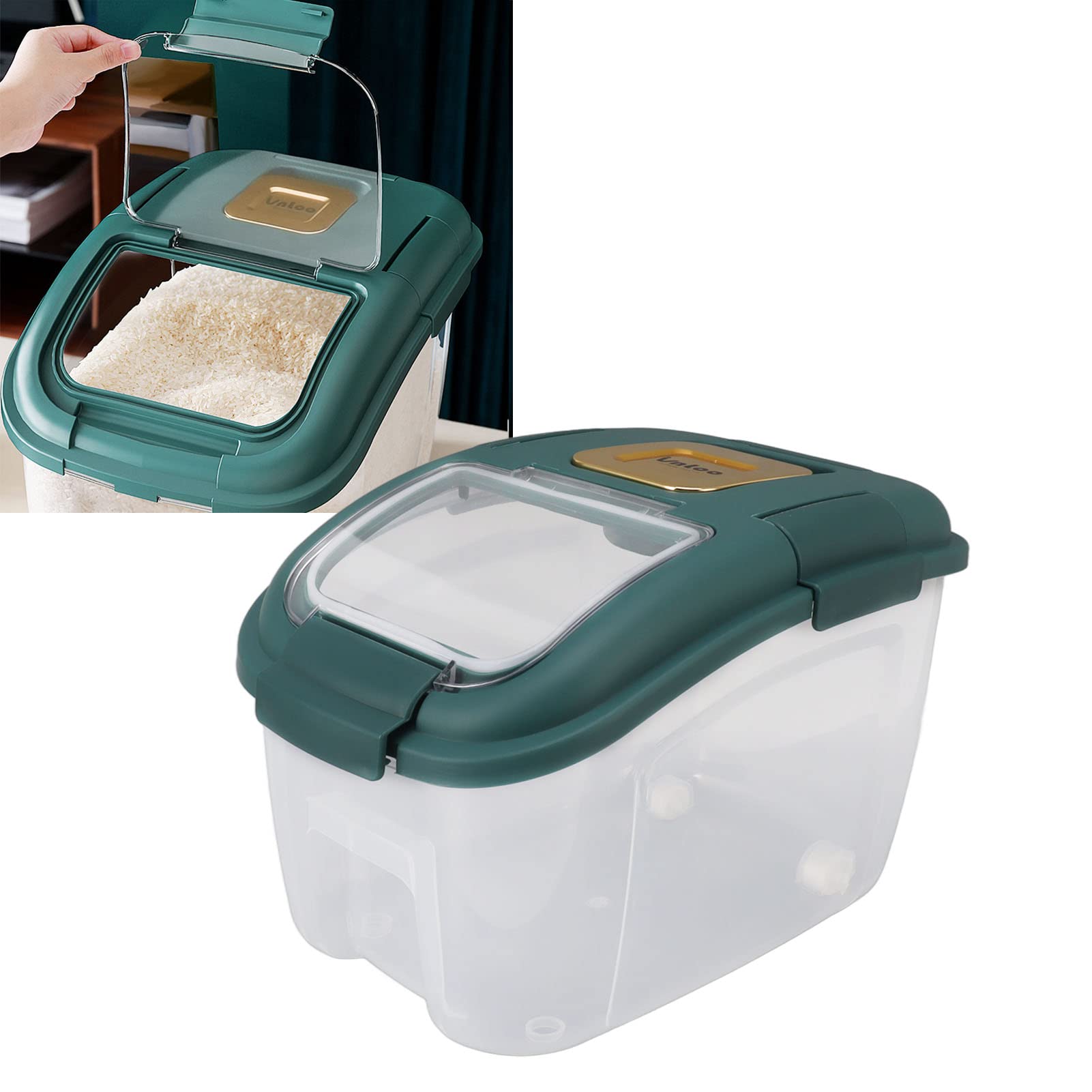 Grande Contenitore per il Riso con Coperchio Trasparente, Contenitore Ermetico in PP per Alimenti Dispensa della, Contiene Farina di Cereali, Cibo Cani, Include Misurino e Ruote (Capacità di