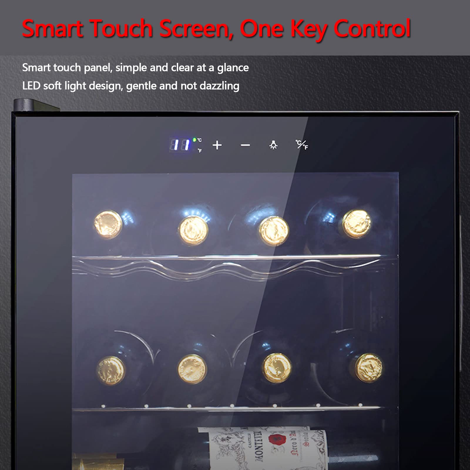 Nevera para Vinos, Enfriador Cava de Vinos para 12 Botellas con Panel de Control Digital, Temperaturas de 5 a 18°C, Luz LED Interior, Control de Temperatura, Puerta de Vidrio, Negro