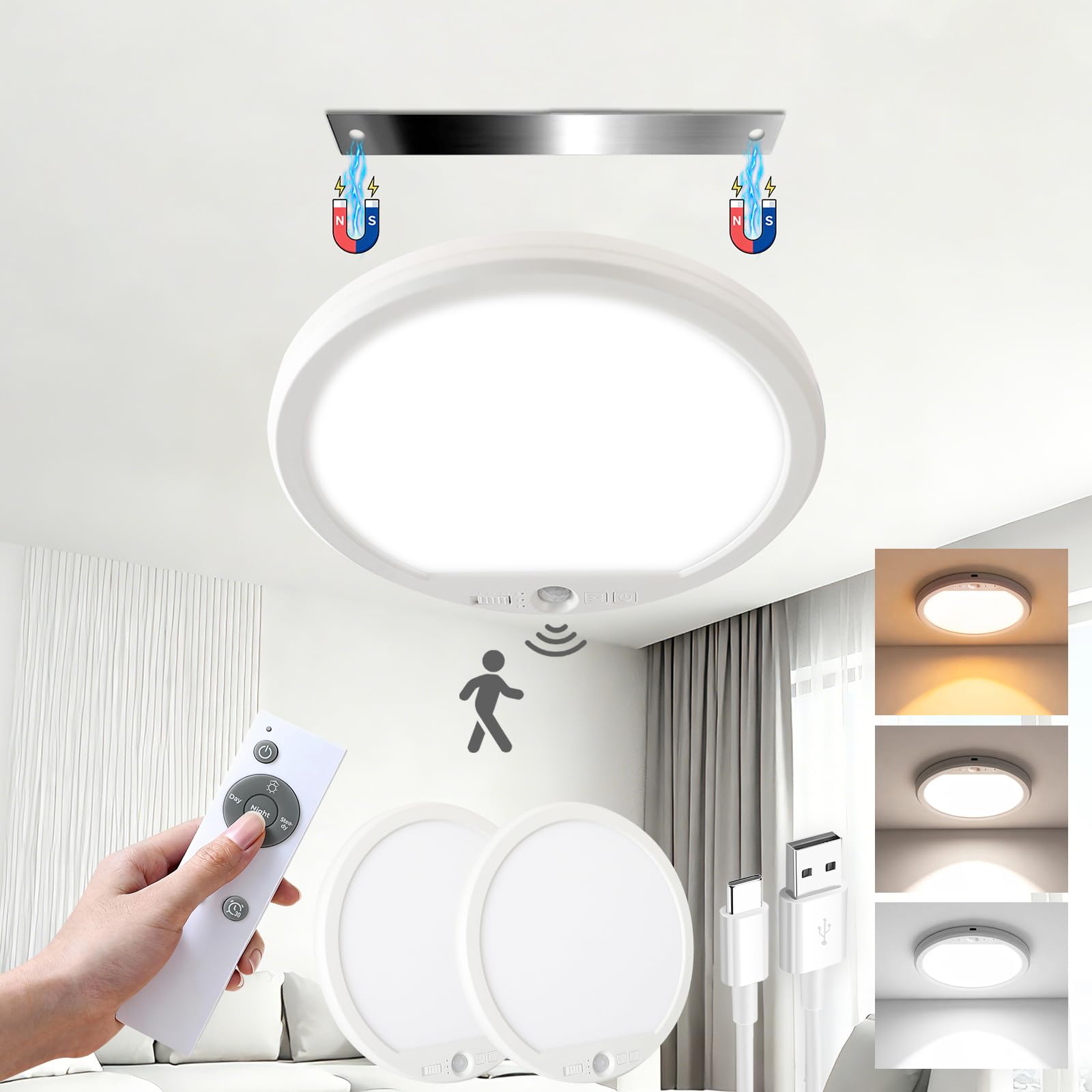 Wiederaufladbare Deckenleuchte mit Bewegungssensor, kabellos, batteriebetrieben, dimmbar, 3 Farbtemperaturen, magnetische Halterung für Schrank, Speisekammer, Flur, 2 Stück