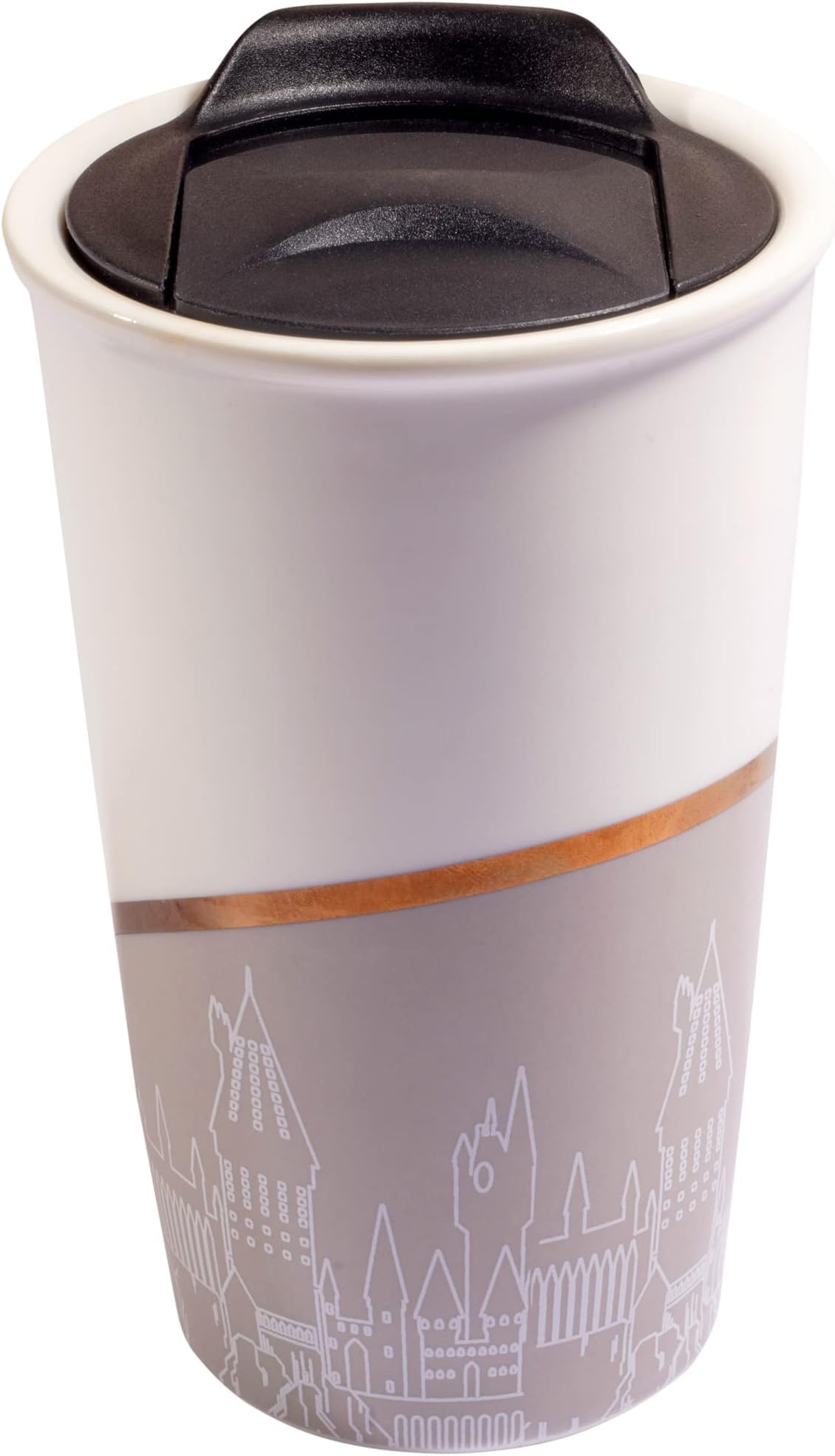 Seven20 Harry Potter Hogwarts Travel Coffee Mug, 14oz - Insulated, Ceramic Cup with Lid - Gold and Gray Hogwarts Design - Gift for Teens and Adults