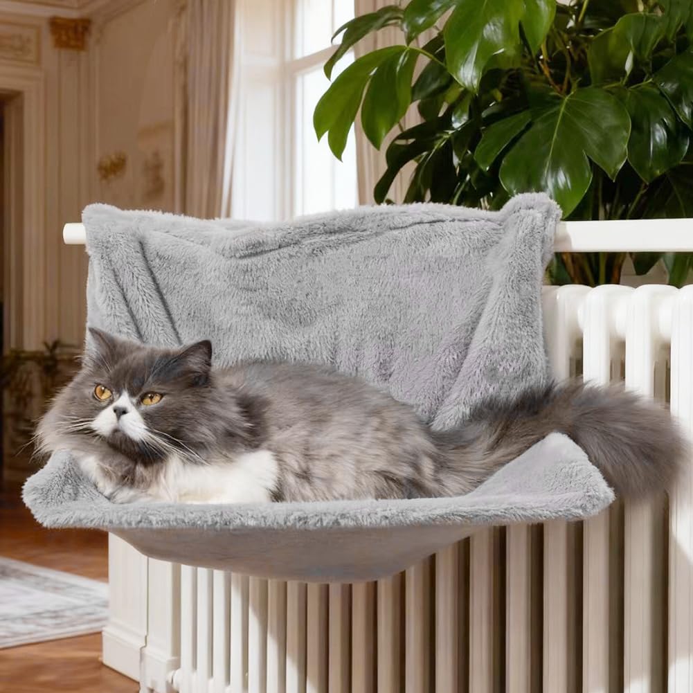 Cat Bed for Heaters,Katzenheizungsliege mit kuscheligem Plüschbezug, Kuschelige Katzenheizungsliege, Cat Hammock Heating, Heizungsliege Katzen für alle Heizkörper (Grau)