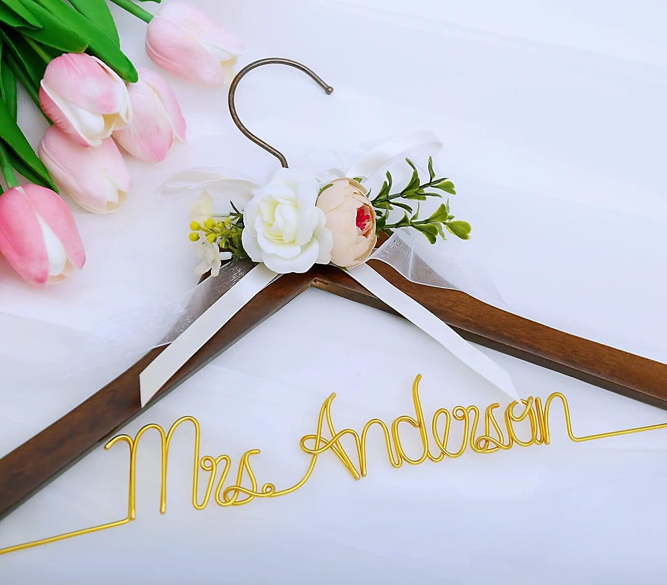 Personalized Wedding Hanger with Floral Decoration, Wooden Bridal Dress Hanger, Custom Name and Date, White Ribbon