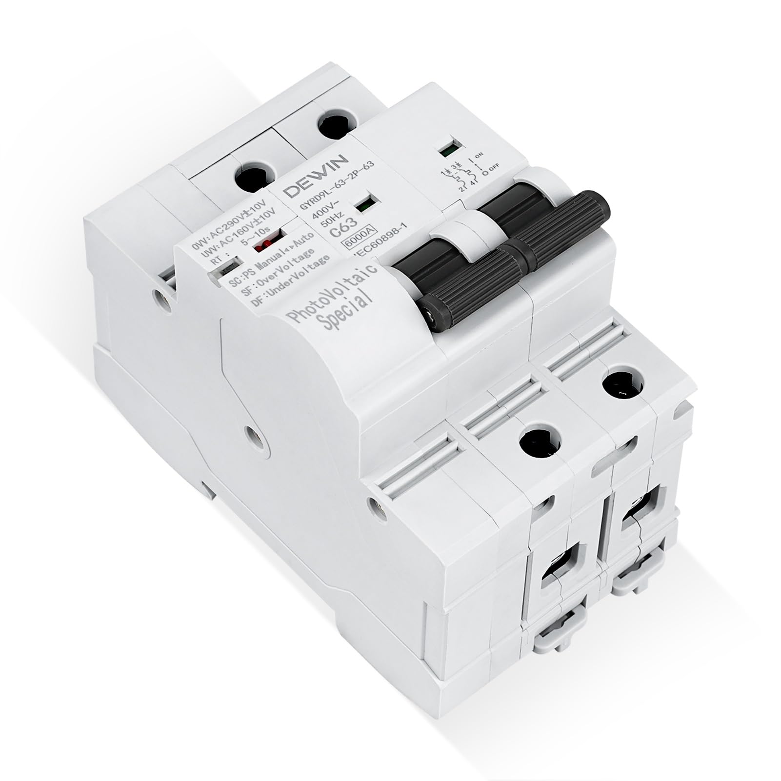 Jadeshay Interruttore Magnetotermico,63A 400V Interuptore con Riarmo Automatico Fotovoltaico con Protezione da sovratensione e sottotensione per Sistema Solare PV(2P 63A)