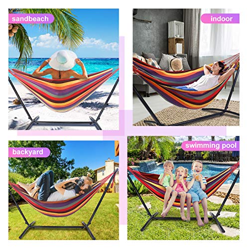 Kanchimi Hammock with Stand,Max Load 450lbs,Portable Double Hammock for para Patio,Indoor Outdoor Hammock with Stand 2 Person Heavy Duty,Premium Carrying Case Included(Rainbow)
