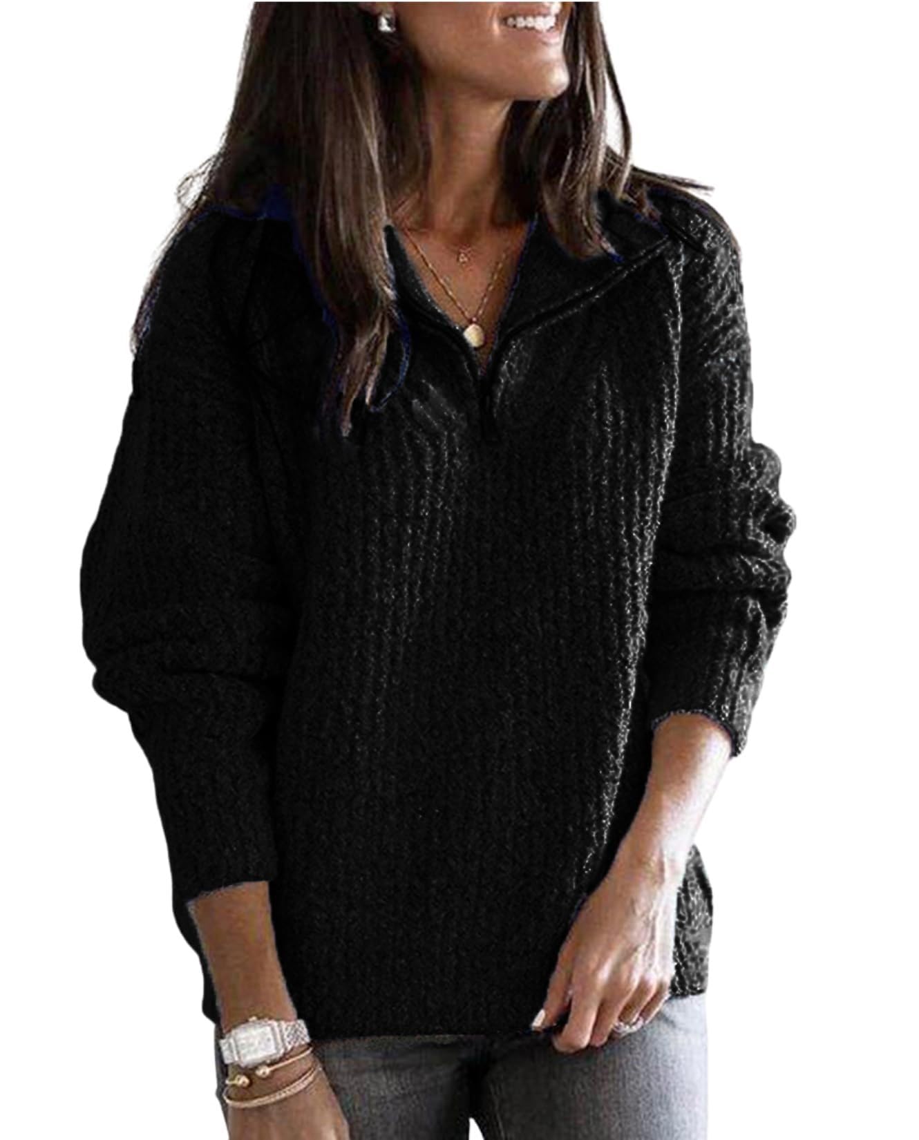 Womens Pullover Sweater - Fall Winter Loose Fit 1 4 Zip Solid Color Casual Top for Vacation Daily