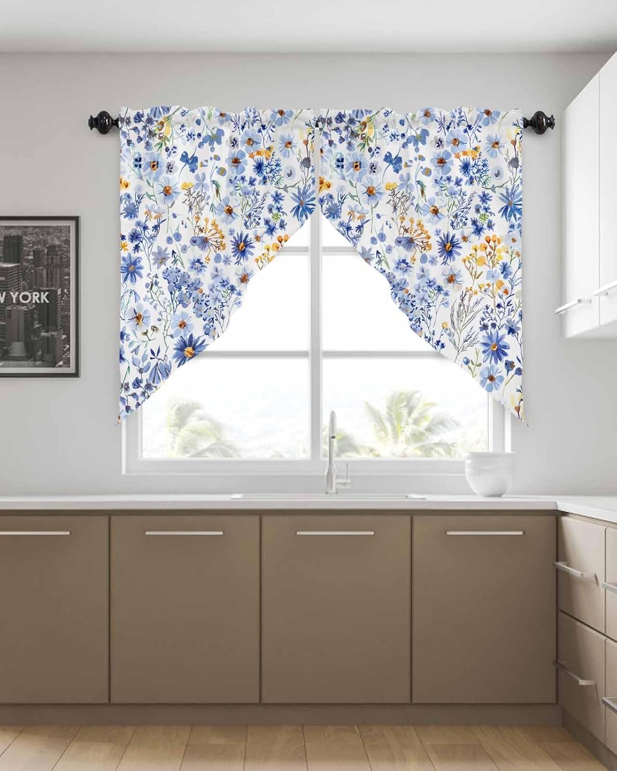 Plants Swag Valance Curtains, Farmhouse Blue Yellow Wild Flowers Rod Pocket Kitchen Valance Scalloped Swag Curtains for Living Room Bathroom Window, 36" W x 36" L